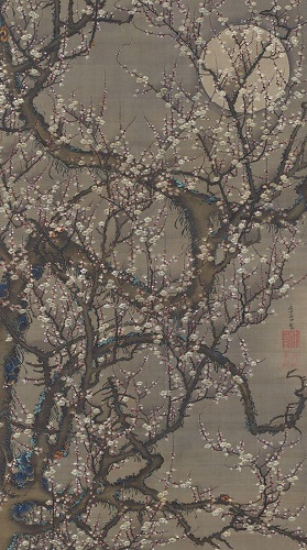 “Plum Blossoms and Moon” from Colorful Realm of Living Beings. By Ito Jakuchu. Edo period, 18th century. (National Treasure)